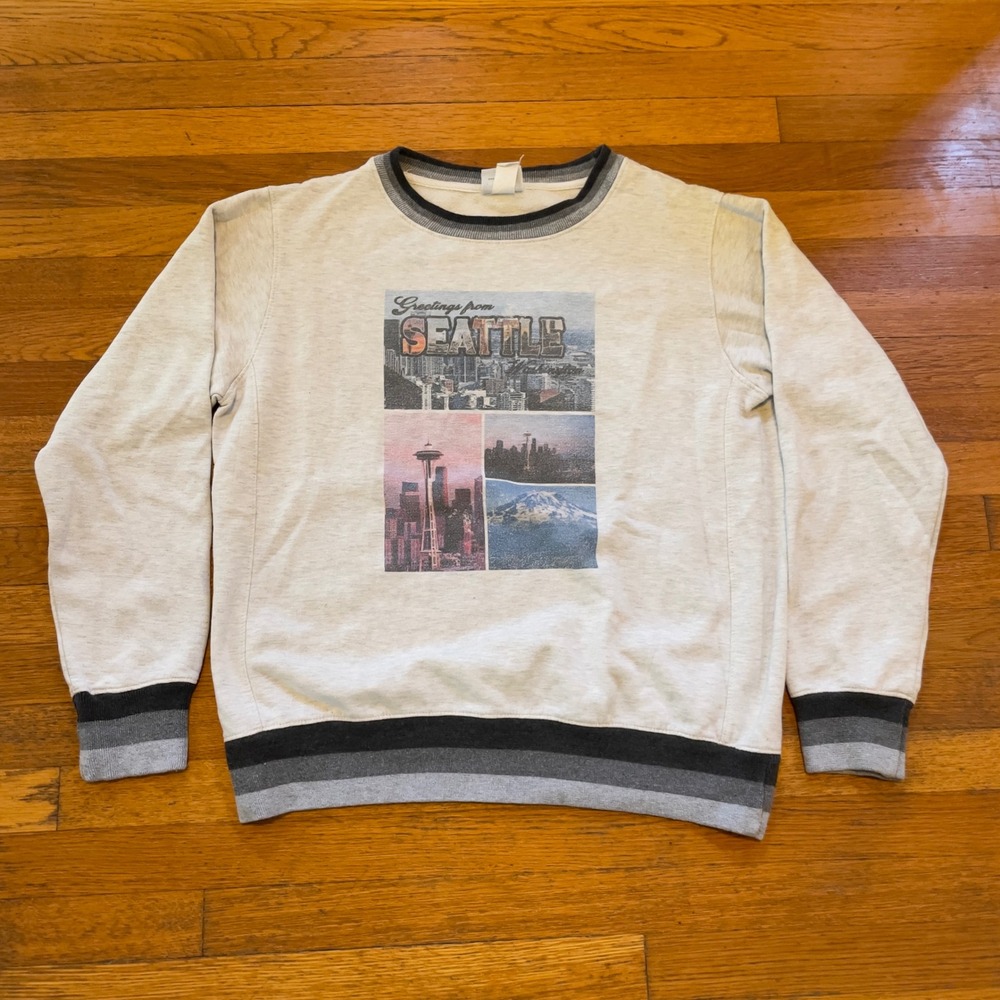 VTG‎ 90s Seattle Space Needle Sweatshirt L Crewneck Gray Ringer reverse gusset